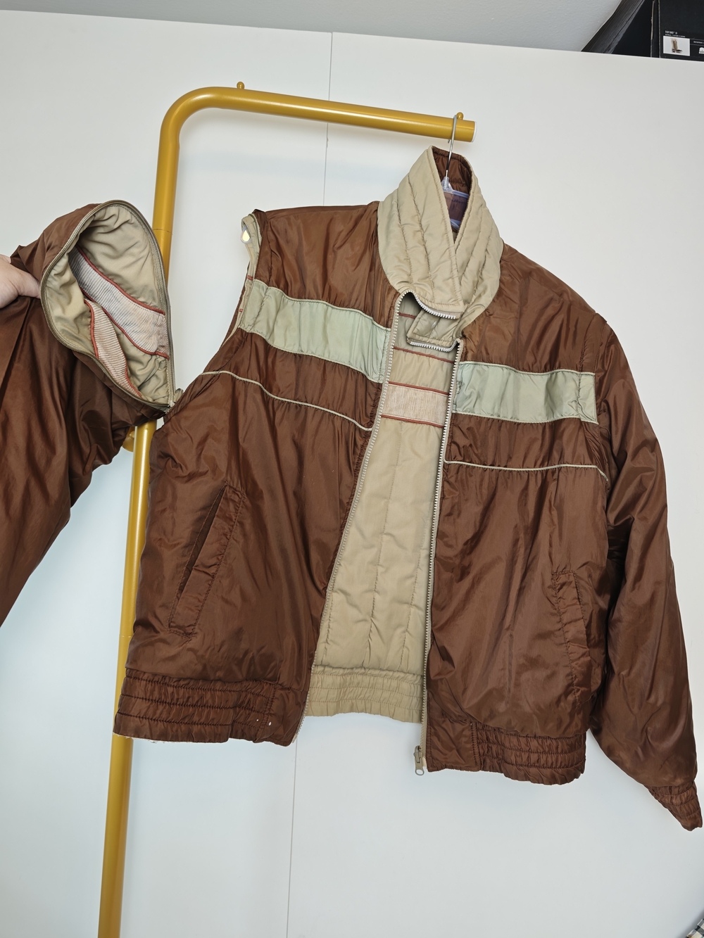 Vintage Trader Bay Convertible Reversible Brown Beige Puffer Jacket Vest Mens L